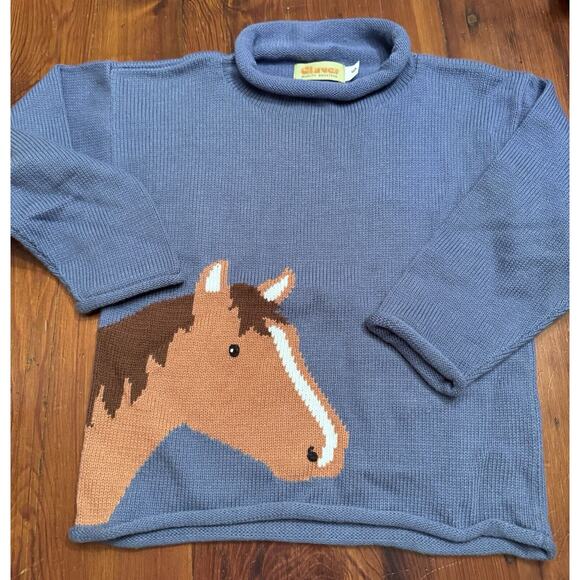 Claver By Luigi Blue Roll Neck Horse Sweater Size 6 NWOT Size 6 Unisex Knit - Picture 1 of 5